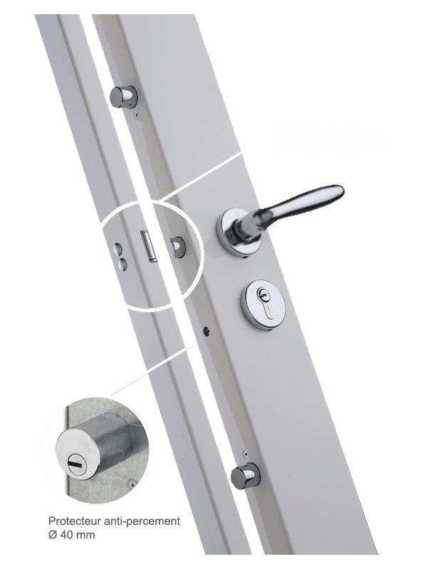 Explication serrure porte blindée : protection anti-percement 40mm, Demi-tour de gâche réglable en profondeur